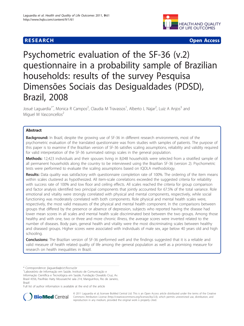 PDF) Psychometric evaluation of the SF-36 (v.2) questionnaire in a  probability sample of Brazilian households: Results of the survey Pesquisa  Dimensões Sociais das Desigualdades (PDSD), Brazil, 2008