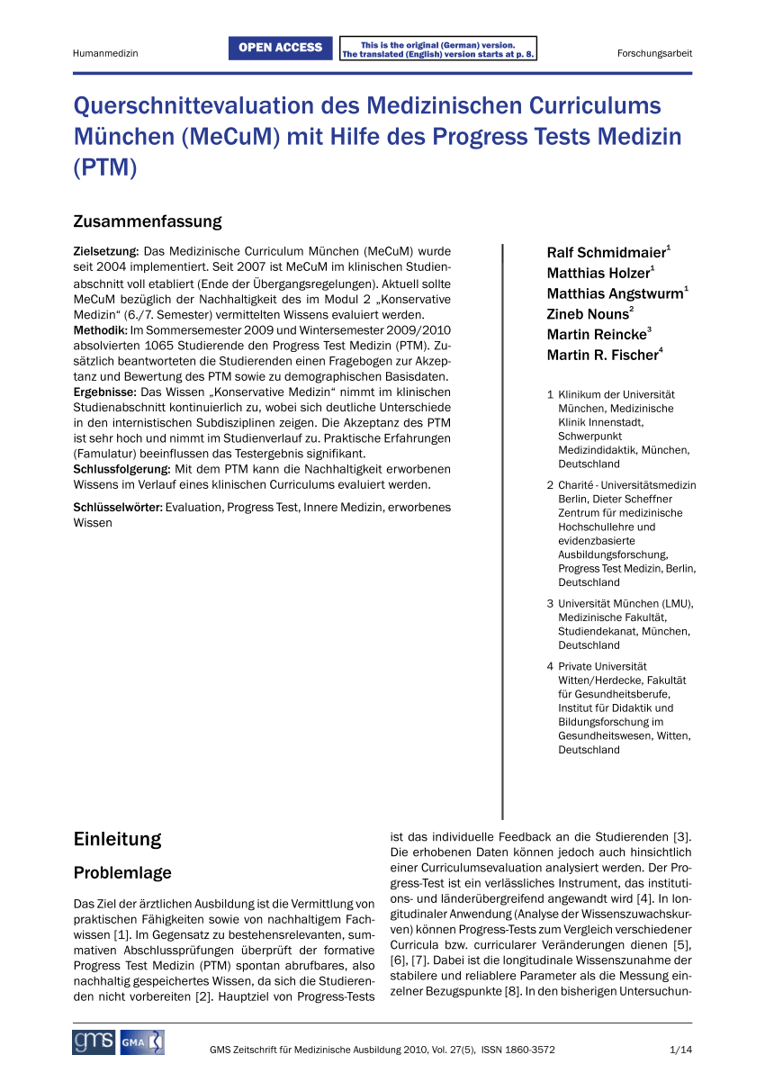 PDF) Using the Progress Test Medizin (PTM) for evaluation of the Medical  Curriculum Munich (MeCuM)