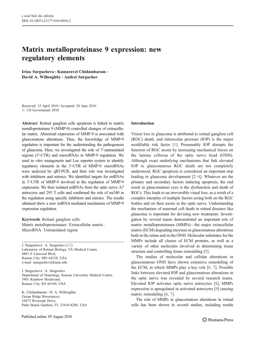 Pdf Matrix Metalloproteinase 9 Expression New Regulatory Elements