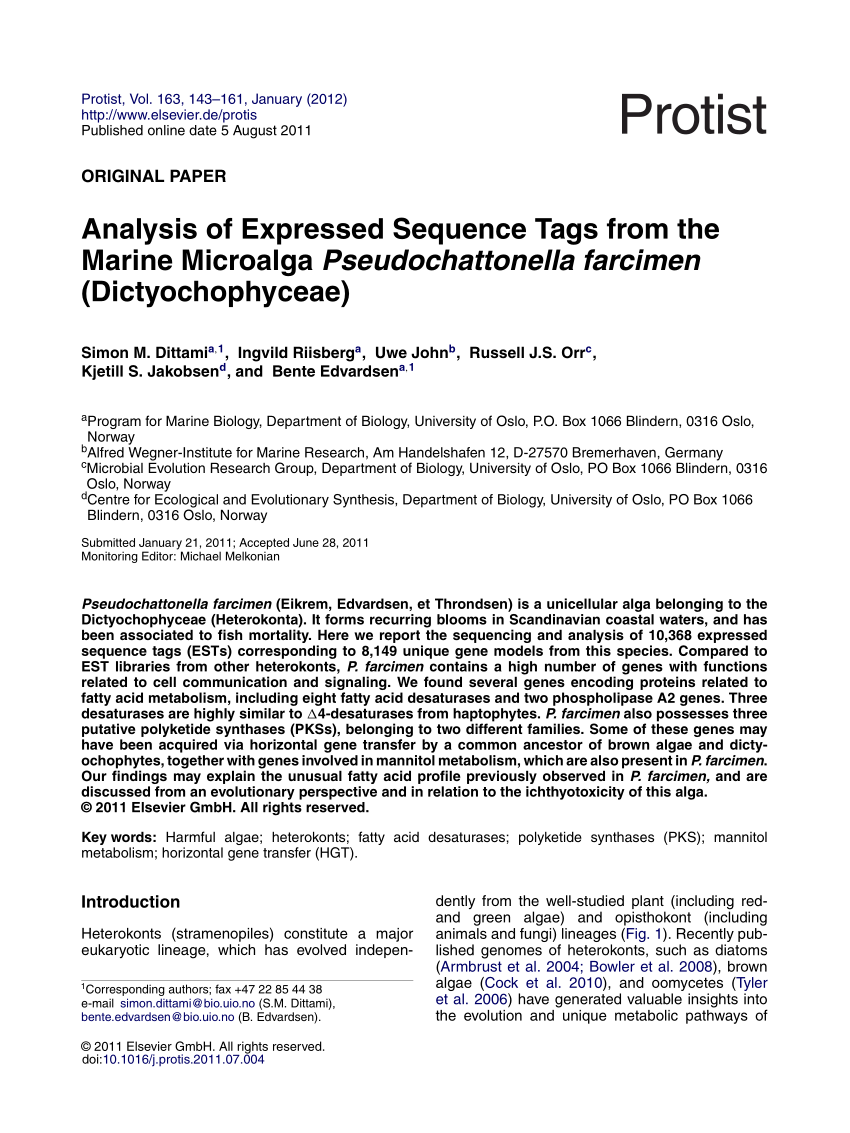 Pdf Analysis Of Expressed Sequence Tags From The Marine Microalga Pseudochattonella Farcimen