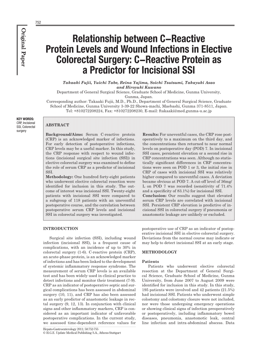 PDF) Relationship between C-Reactive Protein Levels and Wound Infections in  Elective Colorectal Surgery: C-Reactive Protein as a Predictor for  Incisional SSI