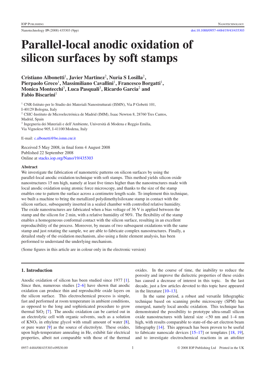 Pdf Parallel Local Anodic Oxidation Of Silicon Surfaces By Soft Stamps