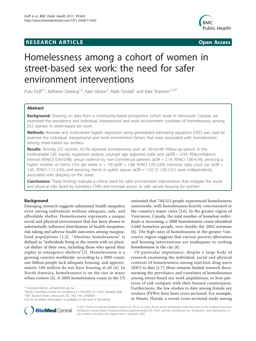 PDF) Homelessness among a cohort of women in street-based sex work: The  need for safer environment interventions