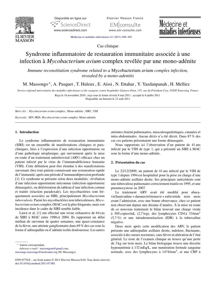 Pdf Immune Reconstitution Syndrome Related To A Mycobacterium Avium Complex Infection 1428