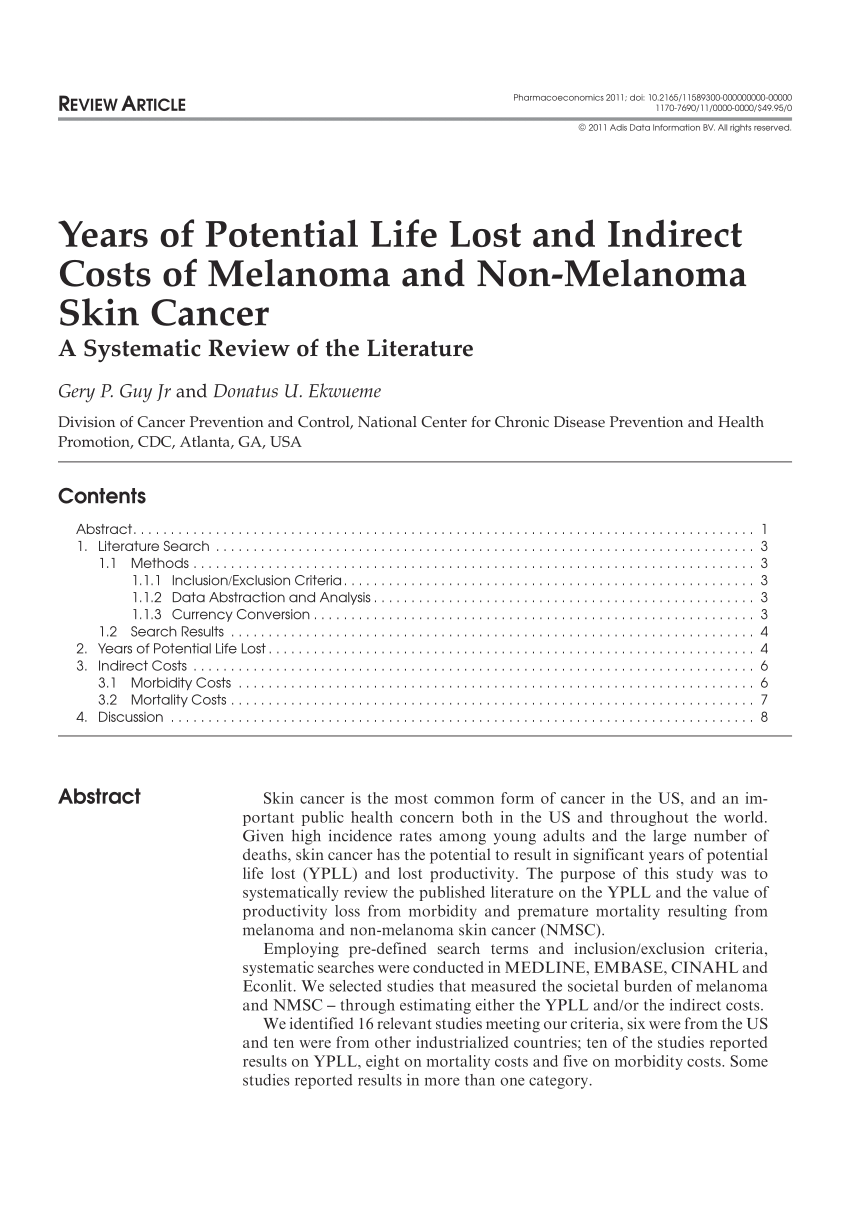 Pdf Years Of Potential Life Lost And Indirect Costs Of Melanoma And