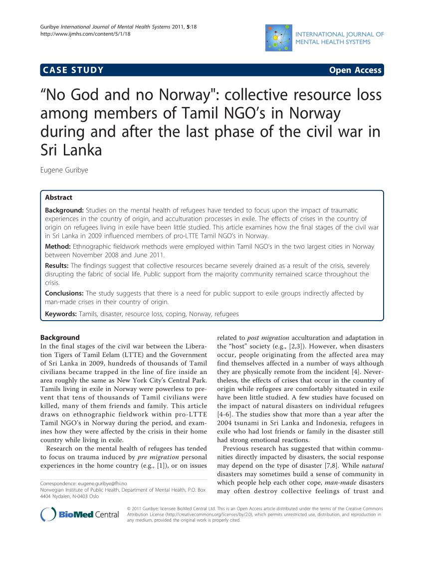 Pdf No God And No Norway Collective Resource Loss Among Members Of Tamil Ngo S In Norway During And After The Last Phase Of The Civil War In Sri Lanka