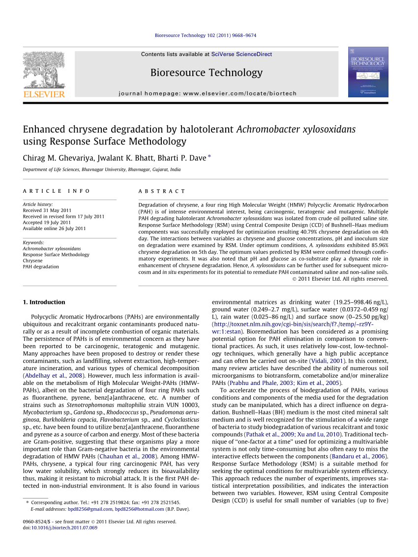 (PDF) Enhanced chrysene degradation by halotolerant Achromobacter Sns-Brigh10