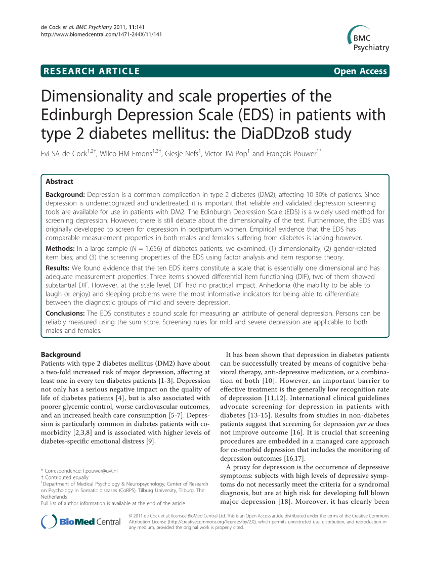 PDF) Dimensionality and scale properties of the Edinburgh Depression Scale  (EDS) in patients with type 2 diabetes mellitus: The DiaDDzoB study