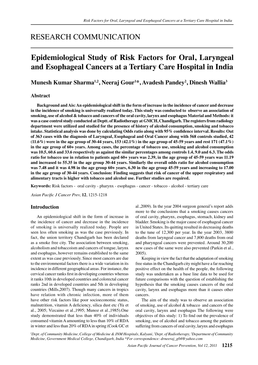PDF) Epidemiological Study of Risk Factors for Oral, Laryngeal and Esophageal Cancers at a Tertiary Care Hospital in India photo