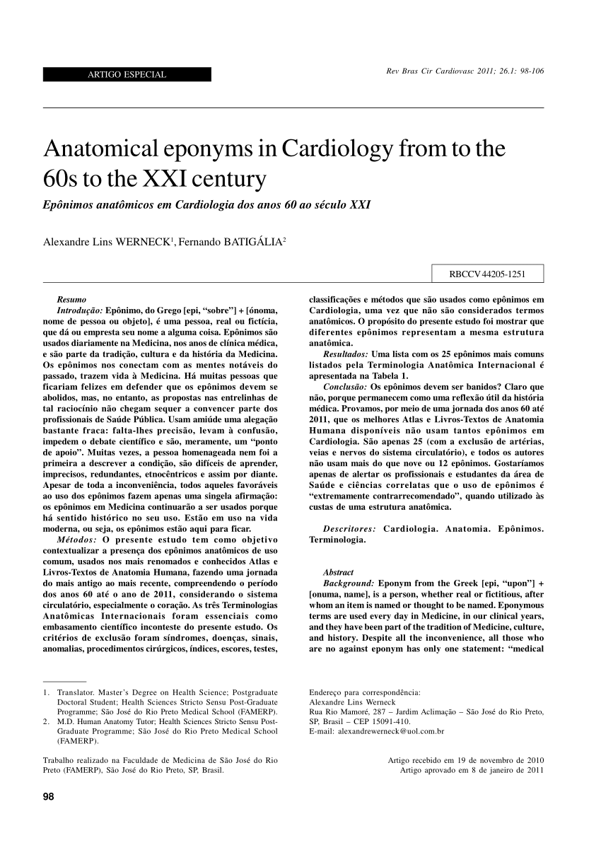Pdf Anatomical Eponyms In Cardiology From To The 60s To The Xxi Century
