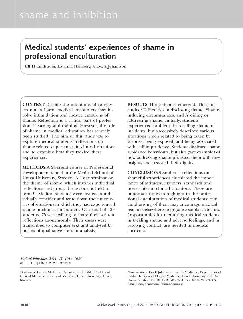 Pdf Medical Students Experiences Of Shame In Professional Enculturation