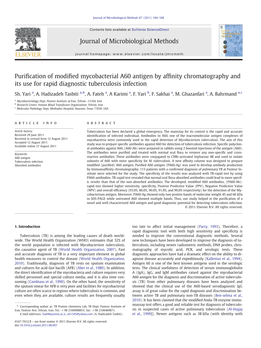 PDF Purification Of Modified Mycobacterial A Antigen By Affinity Chromatography And Its Use