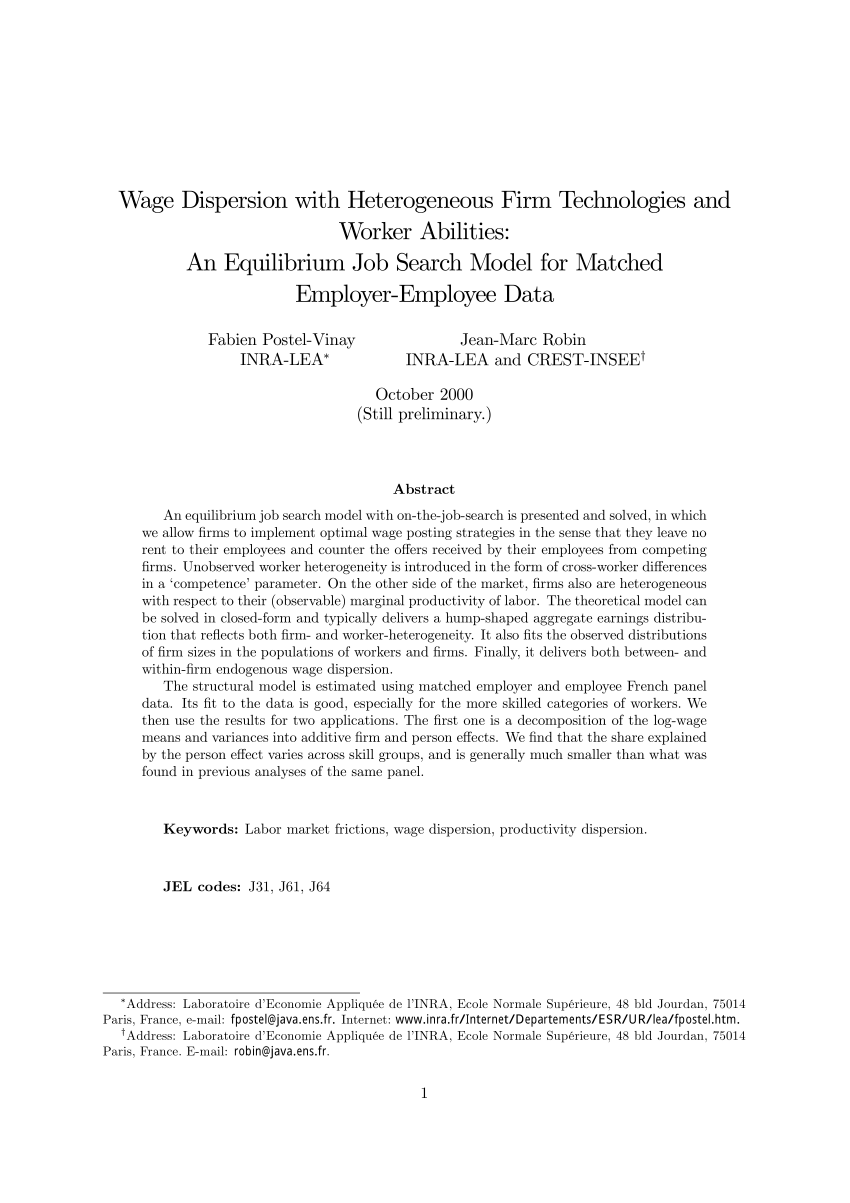 Pdf Wage Dispersion With Heterogeneous Firm Technologies And Worker Abilities An Equilibrium Job Search Model For Matched Employer Employee Data