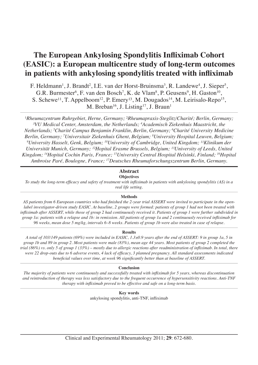 Pdf The European Ankylosing Spondylitis Infliximab Cohort Easic A European Multicentre Study Of Long Term Outcomes In Patients With Ankylosing Spondylitis Treated With Infliximab