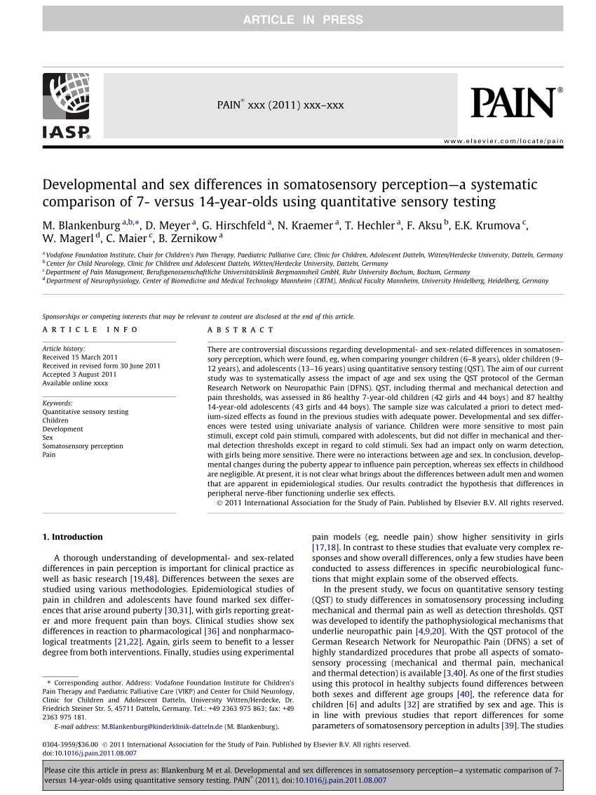 PDF) Developmental and sex differences in somatosensory perception - A  systematic comparison of 7-Versus 14-year-olds using quantitative sensory  testing