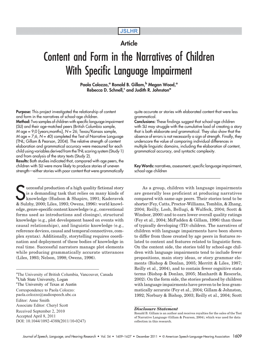 Pdf Content And Form In The Narratives Of Children With Specific