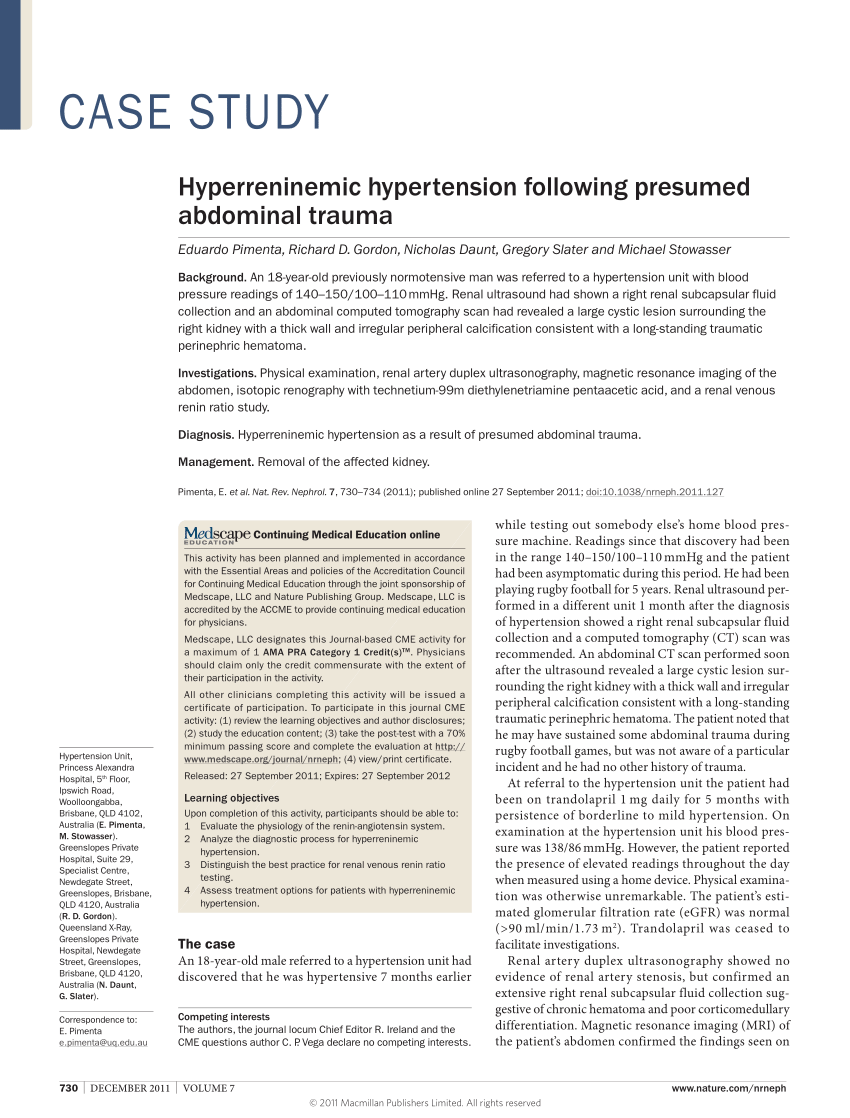 Pdf Hyperreninemic Hypertension Following Presumed Abdominal Trauma