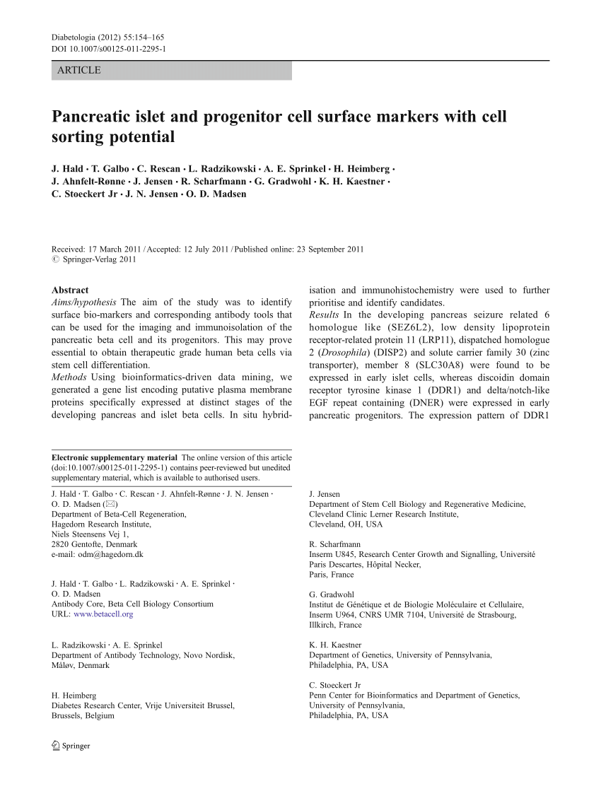 Pdf Pancreatic Islet And Progenitor Cell Surface Markers With Cell Sorting Potential