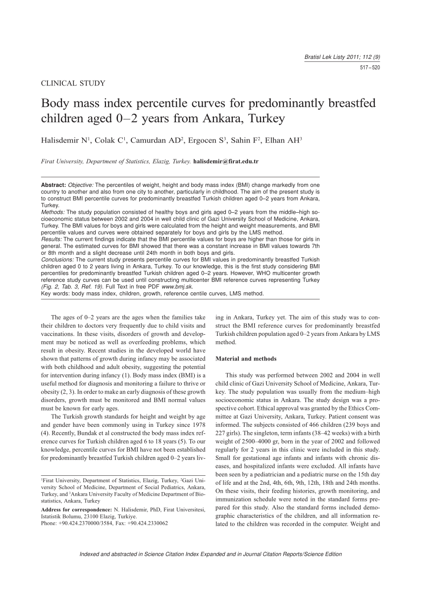 Pdf Body Mass Index Percentile Curves For Predominantly Breastfed Children Aged 0 2 Years From Ankara Turkey