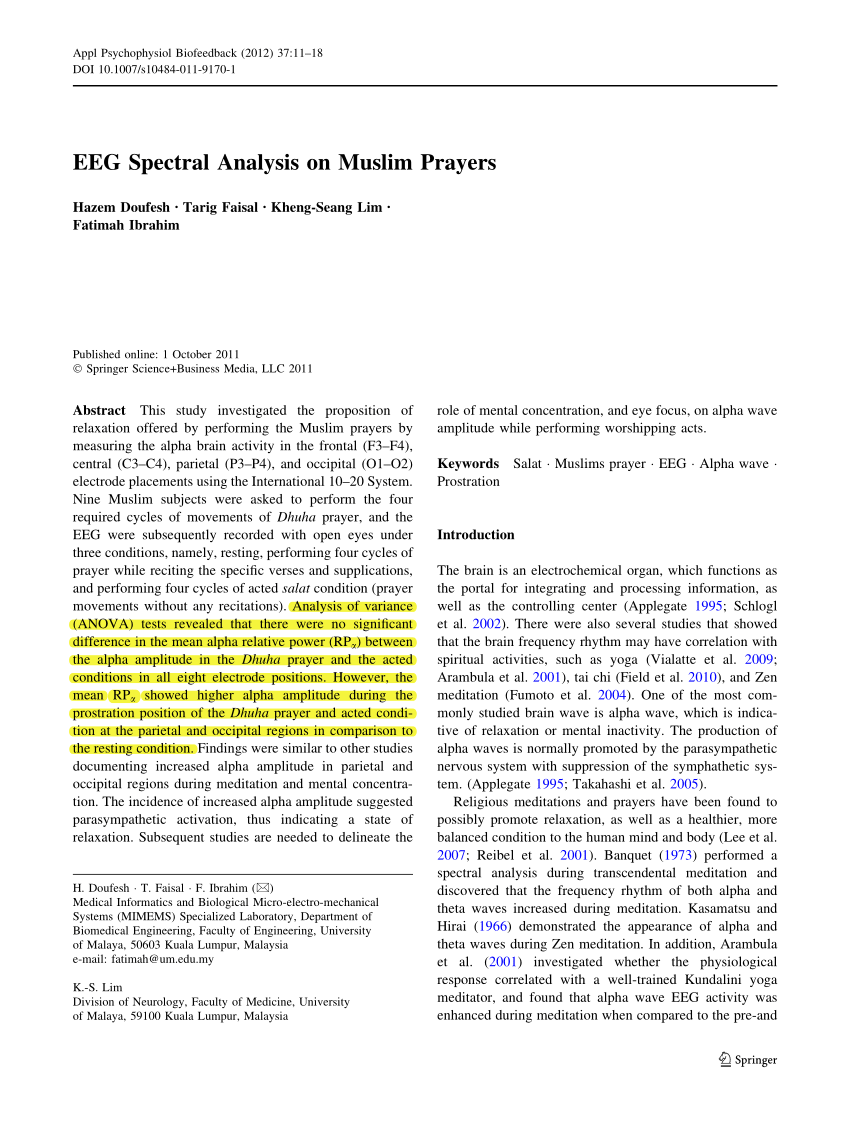 Pdf Eeg Spectral Analysis On Muslim Prayers