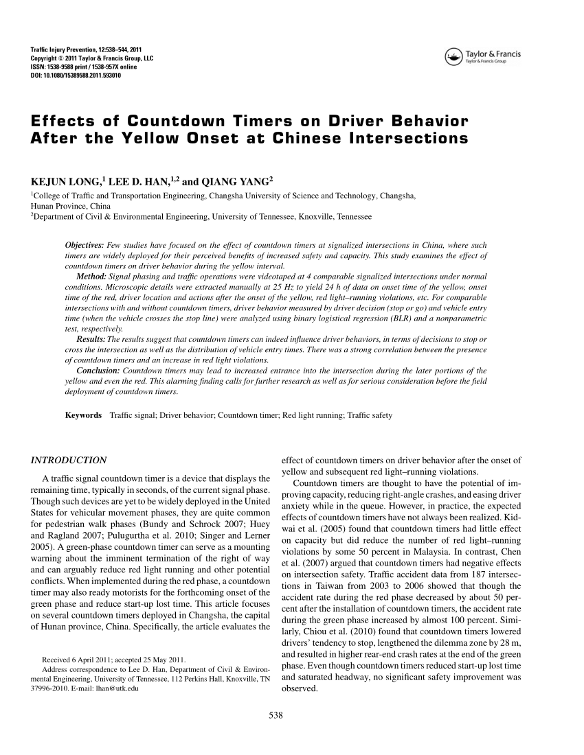 PDF) Effects of Countdown Timers on Driver Behavior After the Yellow Onset at Chinese Intersections