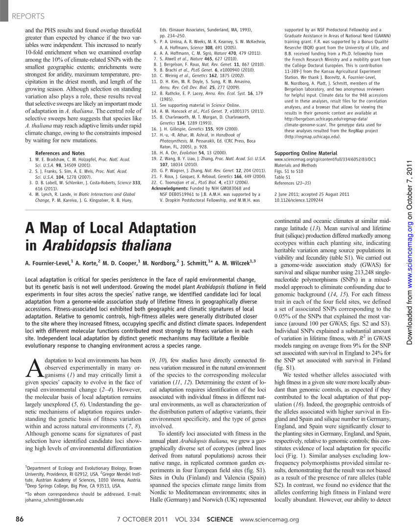 Pdf A Map Of Local Adaptation In Arabidopsis Thaliana