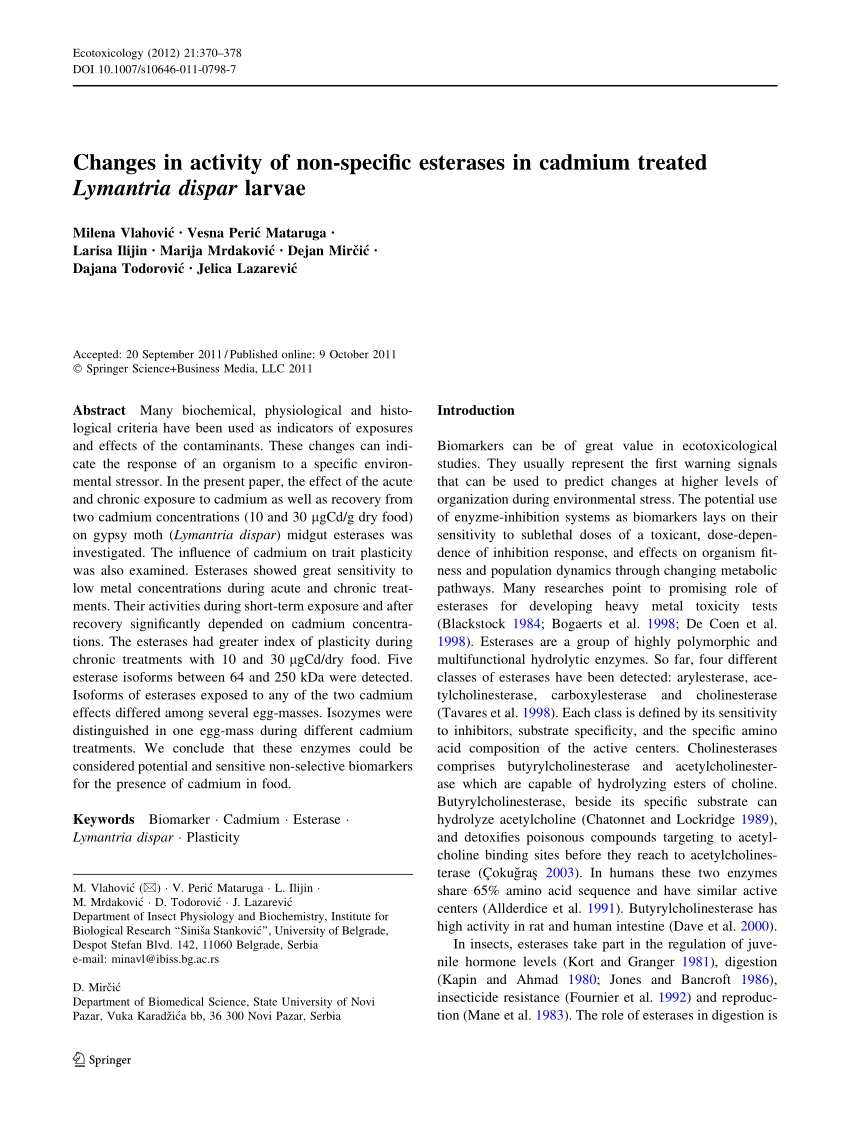 Pdf Changes In Activity Of Non Specific Esterases In Cadmium Treated Lymantria Dispar Larvae