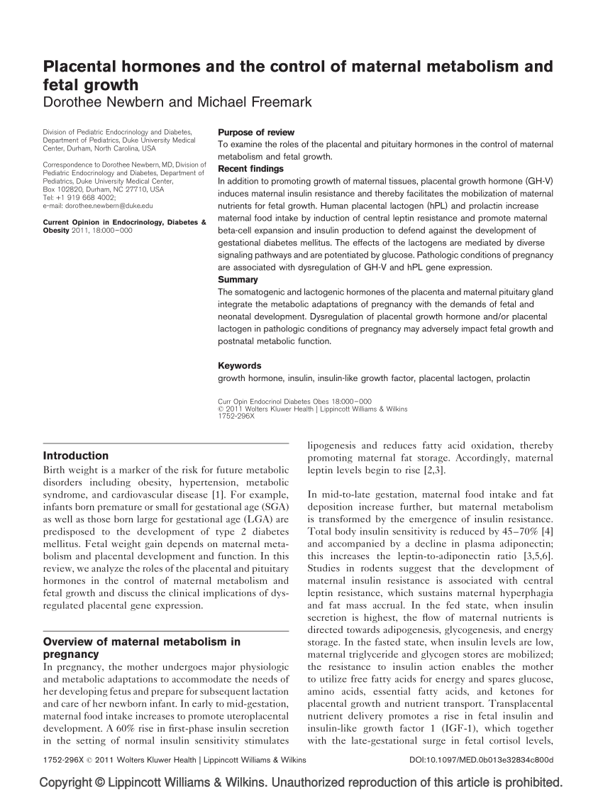 Pdf Placental Hormones And The Control Of Maternal Metabolism And Fetal Growth 6575