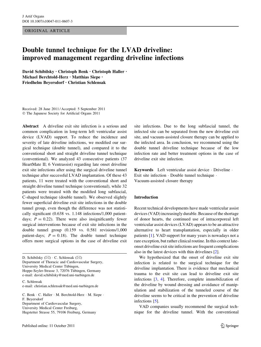 Pdf Double Tunnel Technique For The Lvad Driveline Improved Management Regarding Driveline Infections