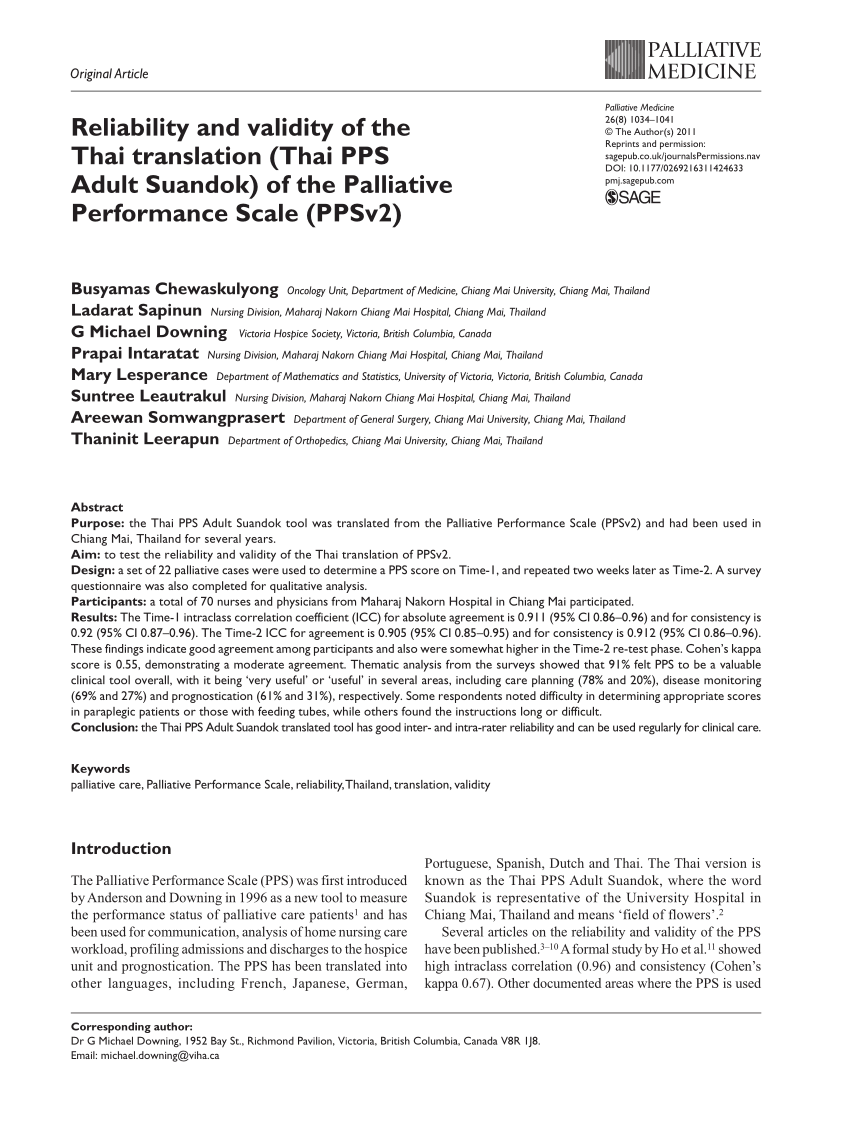 PDF Reliability and validity of the Thai translation Thai PPS  