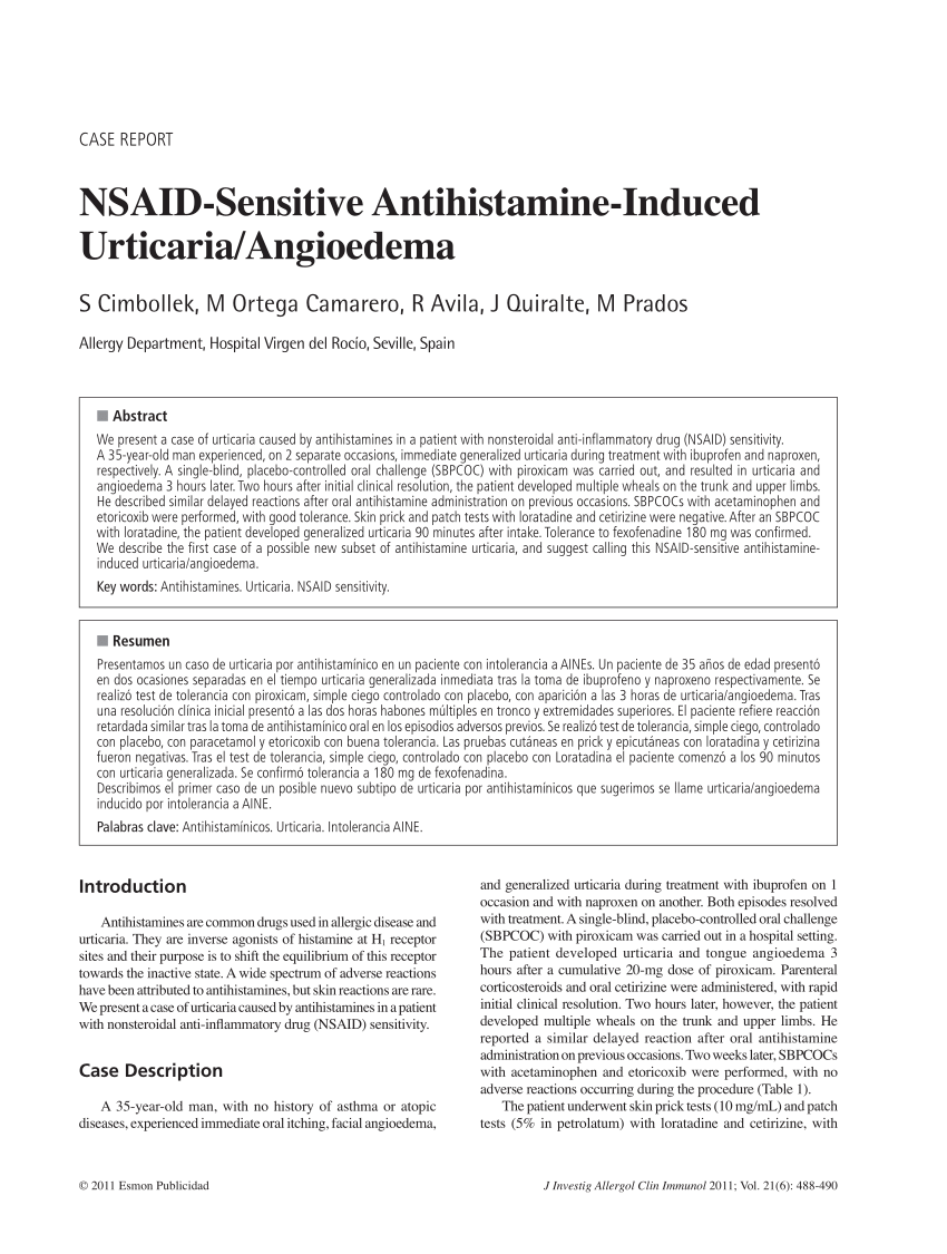 Pdf Nsaid Sensitive Antihistamine Induced Urticariaangioedema 