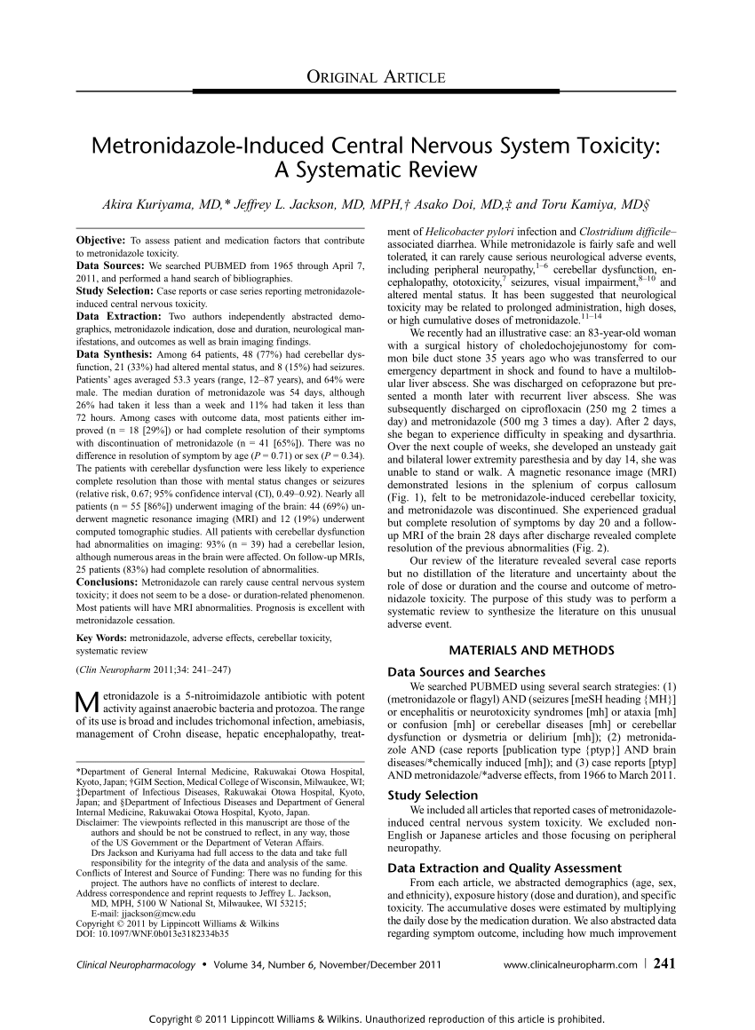 Pdf Metronidazole Induced Central Nervous System Toxicity A Systematic Review