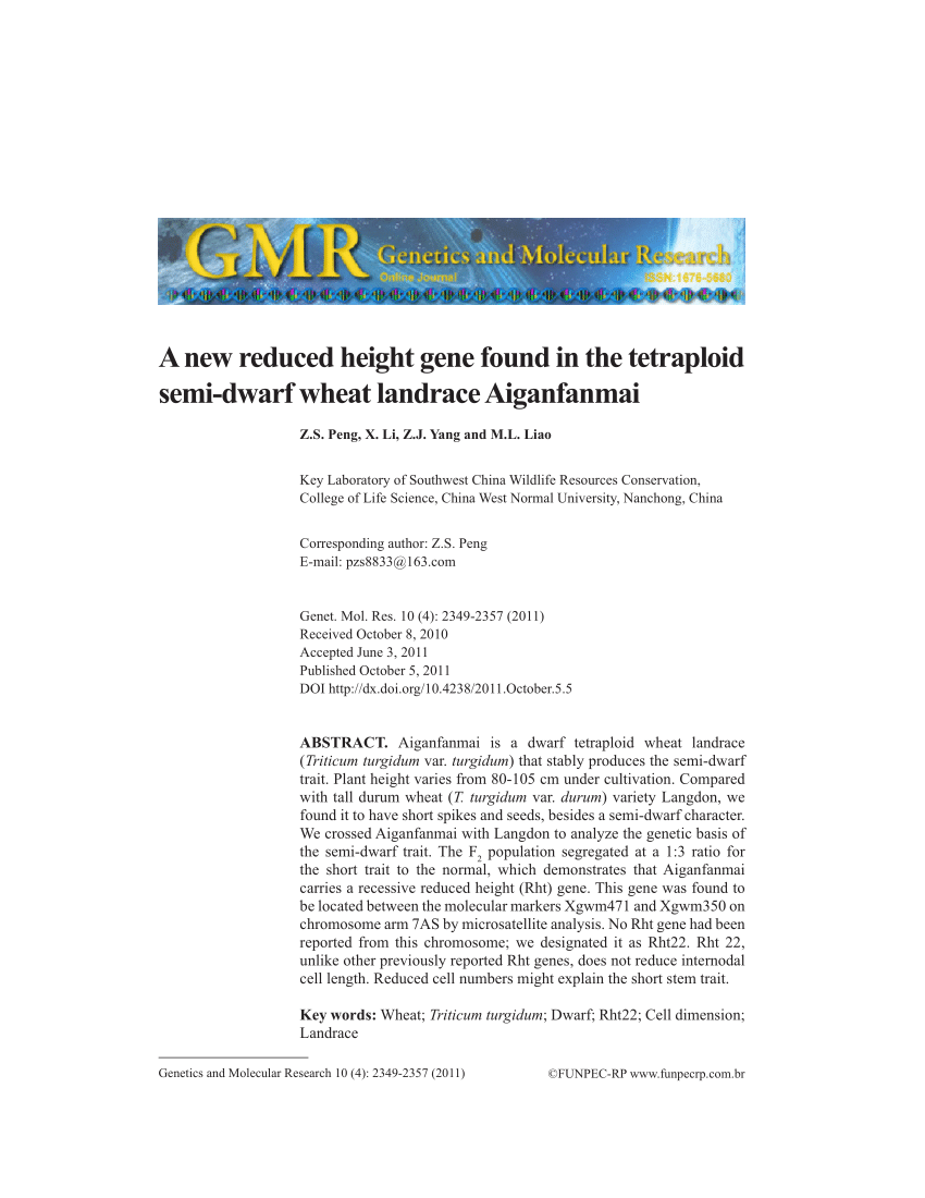 PDF) A new reduced height gene found in the tetraploid semi-dwarf 