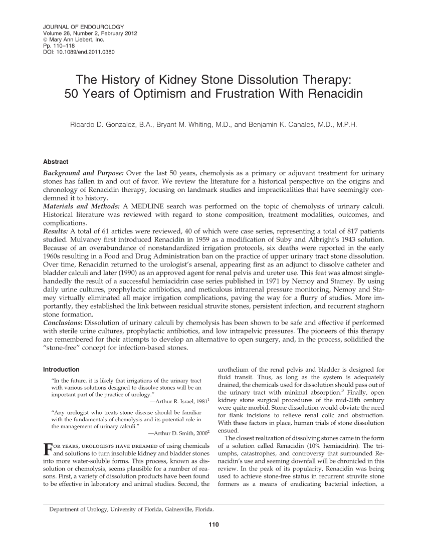 Pdf The History Of Kidney Stone Dissolution Therapy 50 Years Of Optimism And Frustration With Renacidin
