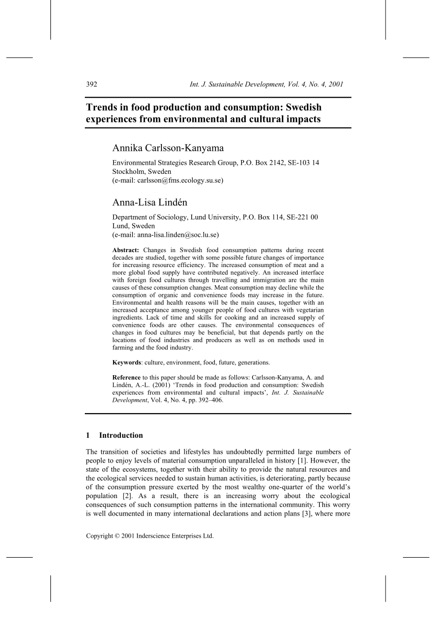 PDF) Trends in food production and consumption: Swedish 