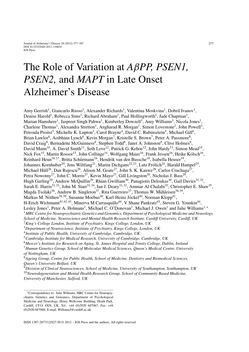 PDF) The role of variation at AbetaPP, PSEN1, PSEN2, and MAPT in late onset  Alzheimer's disease