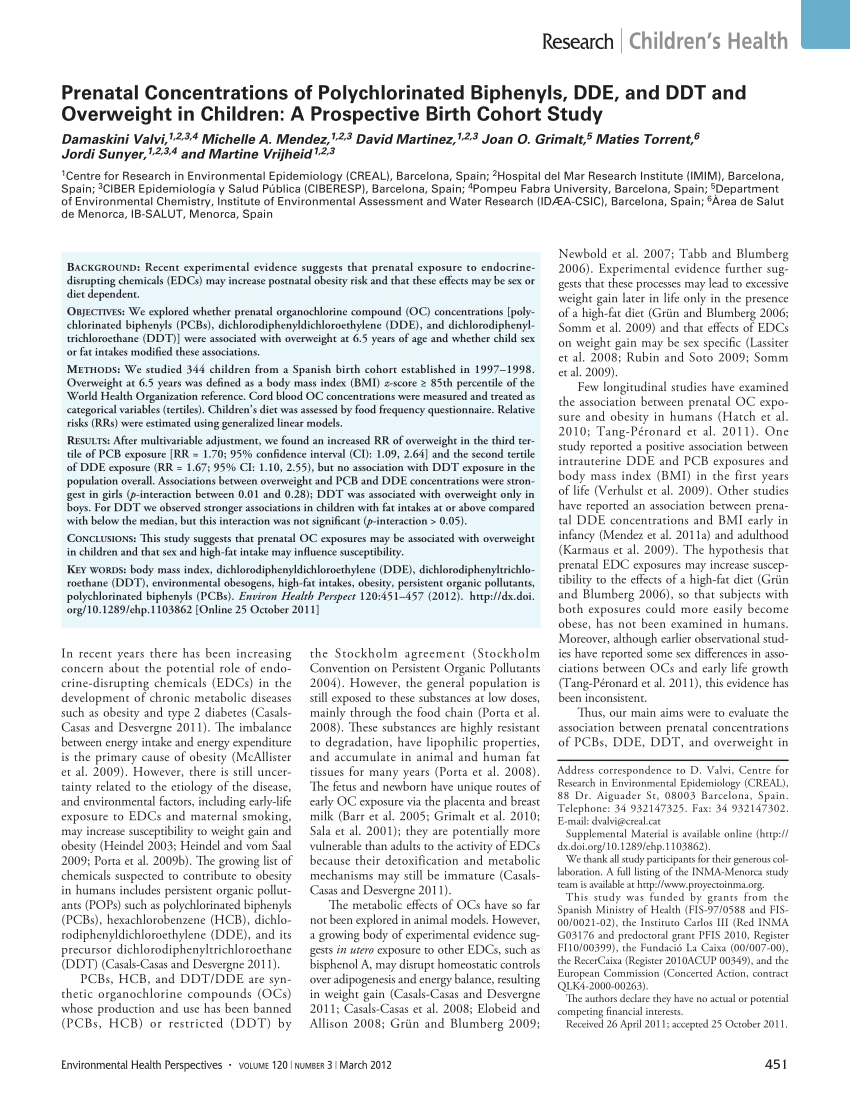 PDF) Prenatal Concentrations of Polychlorinated Biphenyls, DDE, and DDT and  Overweight in Children: A Prospective Birth Cohort Study