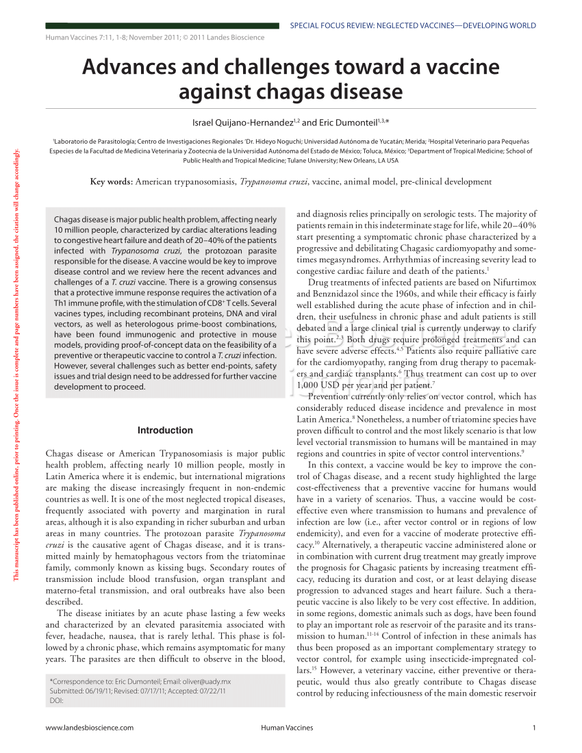 (PDF) Advances and challenges toward a vaccine against Chagas disease