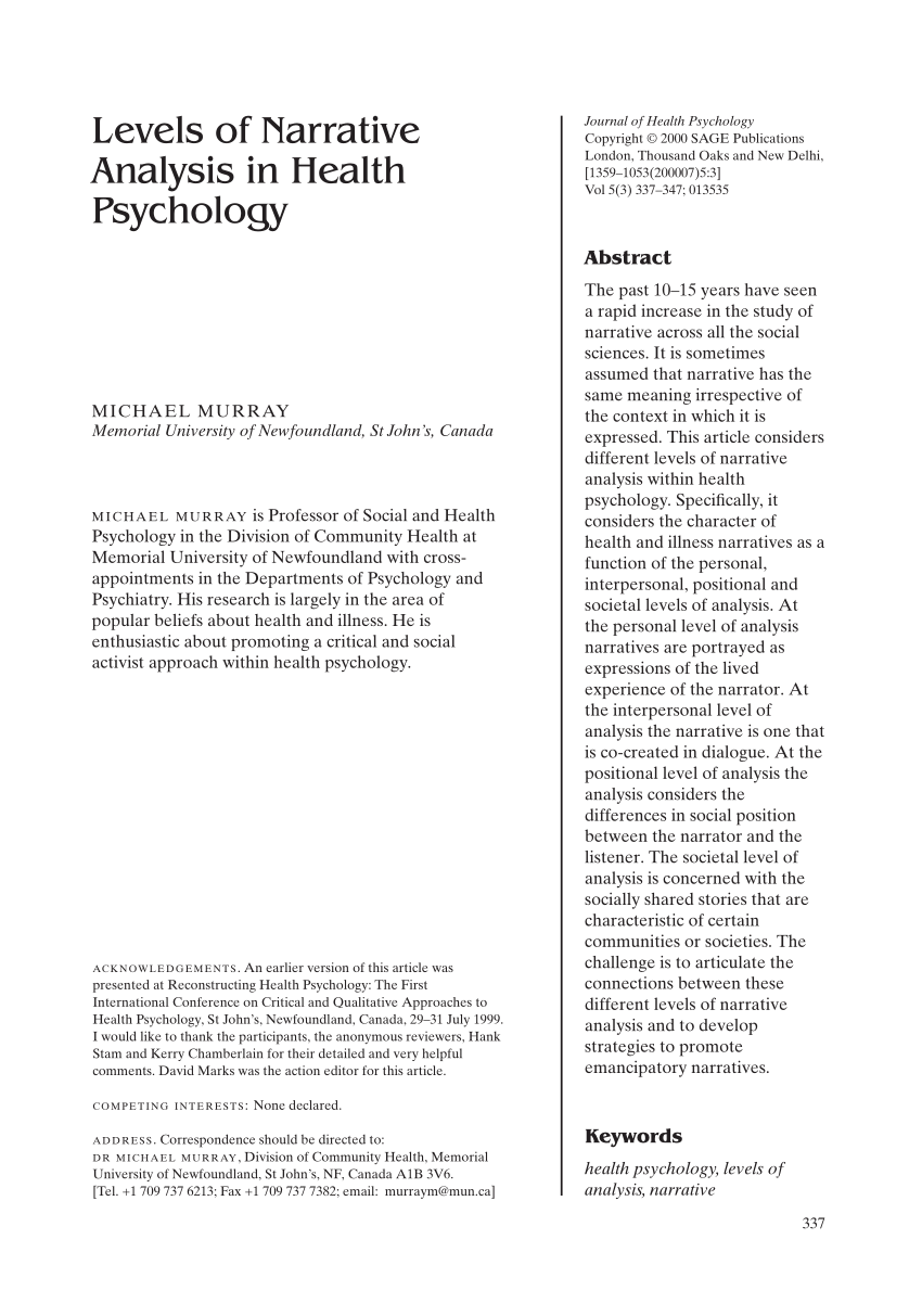 PDF) Levels of Narrative Analysis in Health Psychology