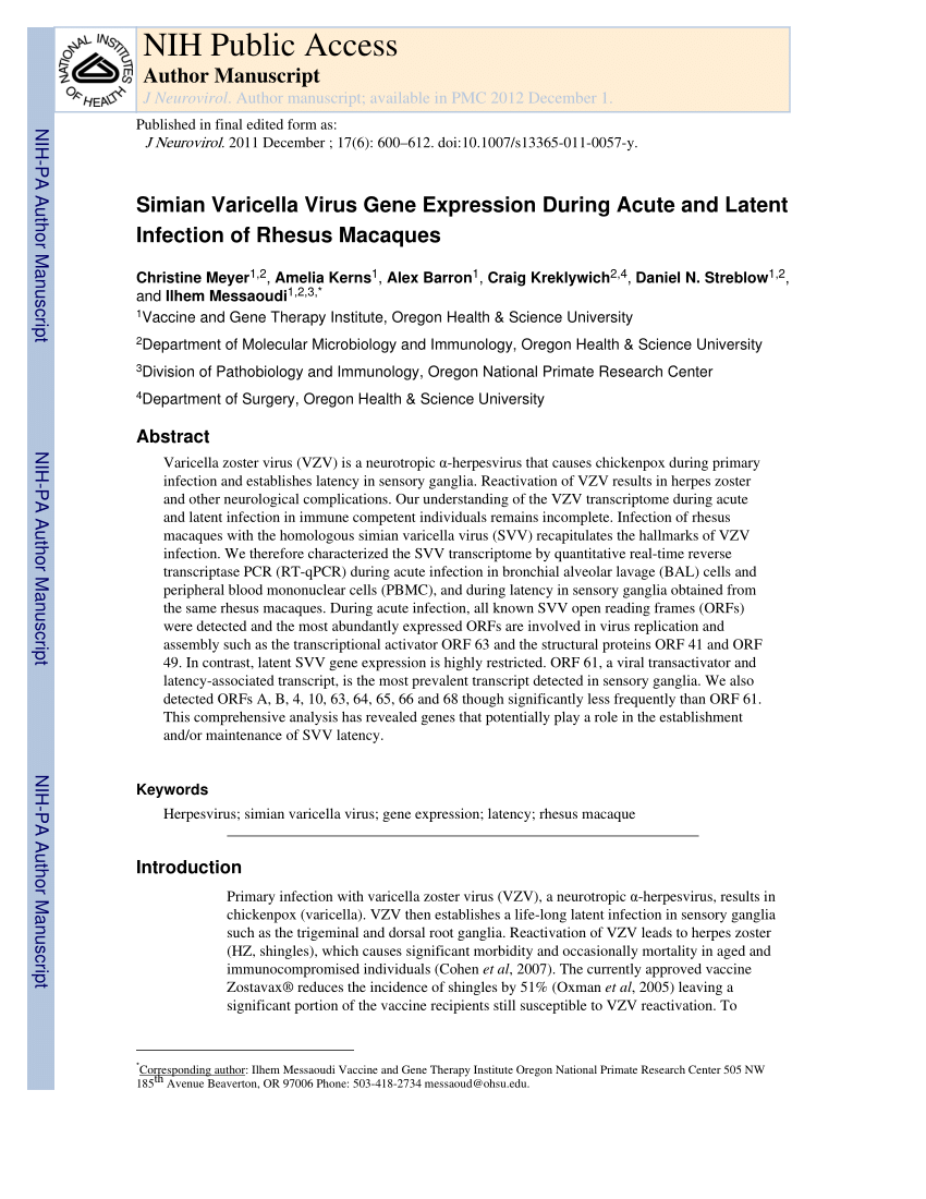 (PDF) Simian Varicella Virus Gene Expression During Acute and Latent