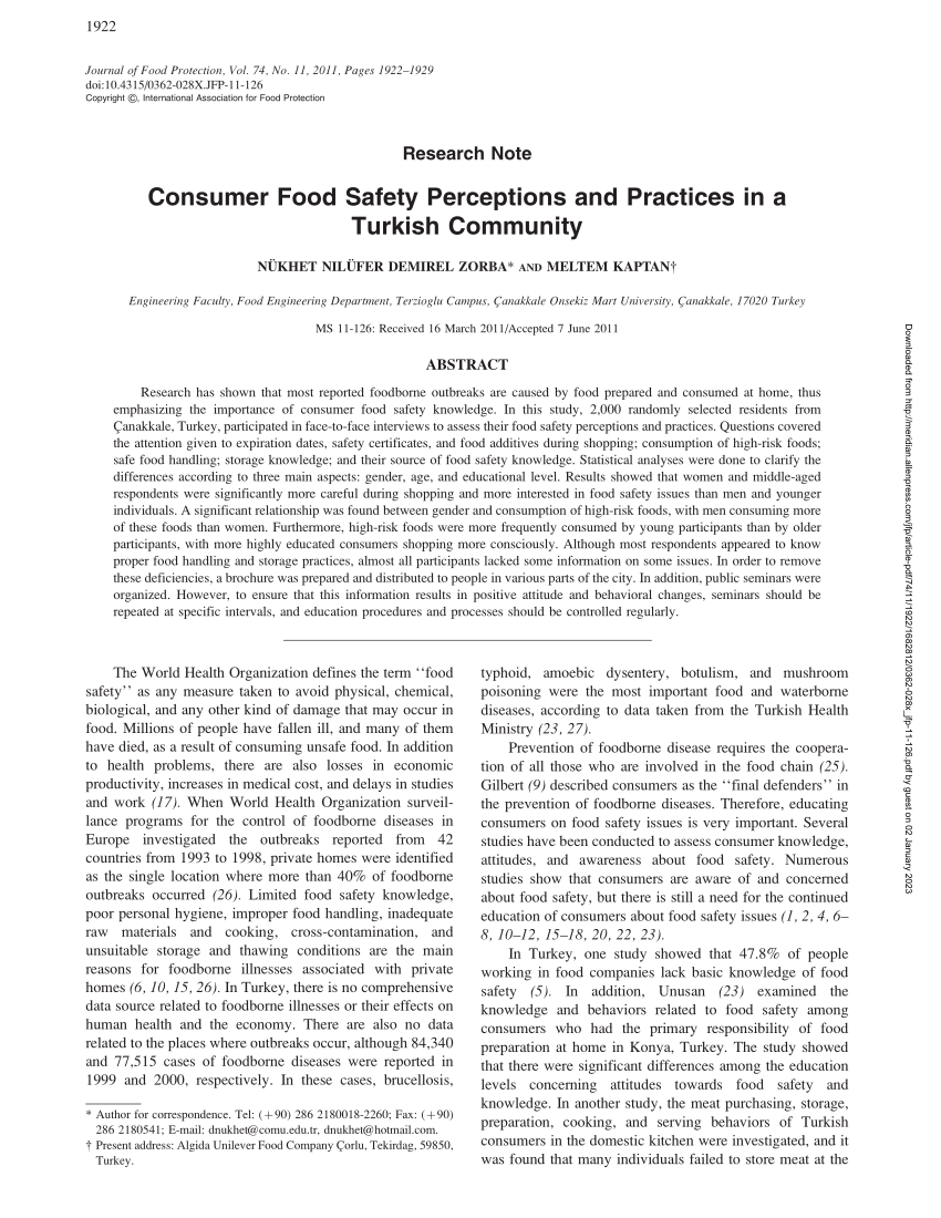 PDF) Consumer Food Safety Perceptions and Practices in a Turkish Community