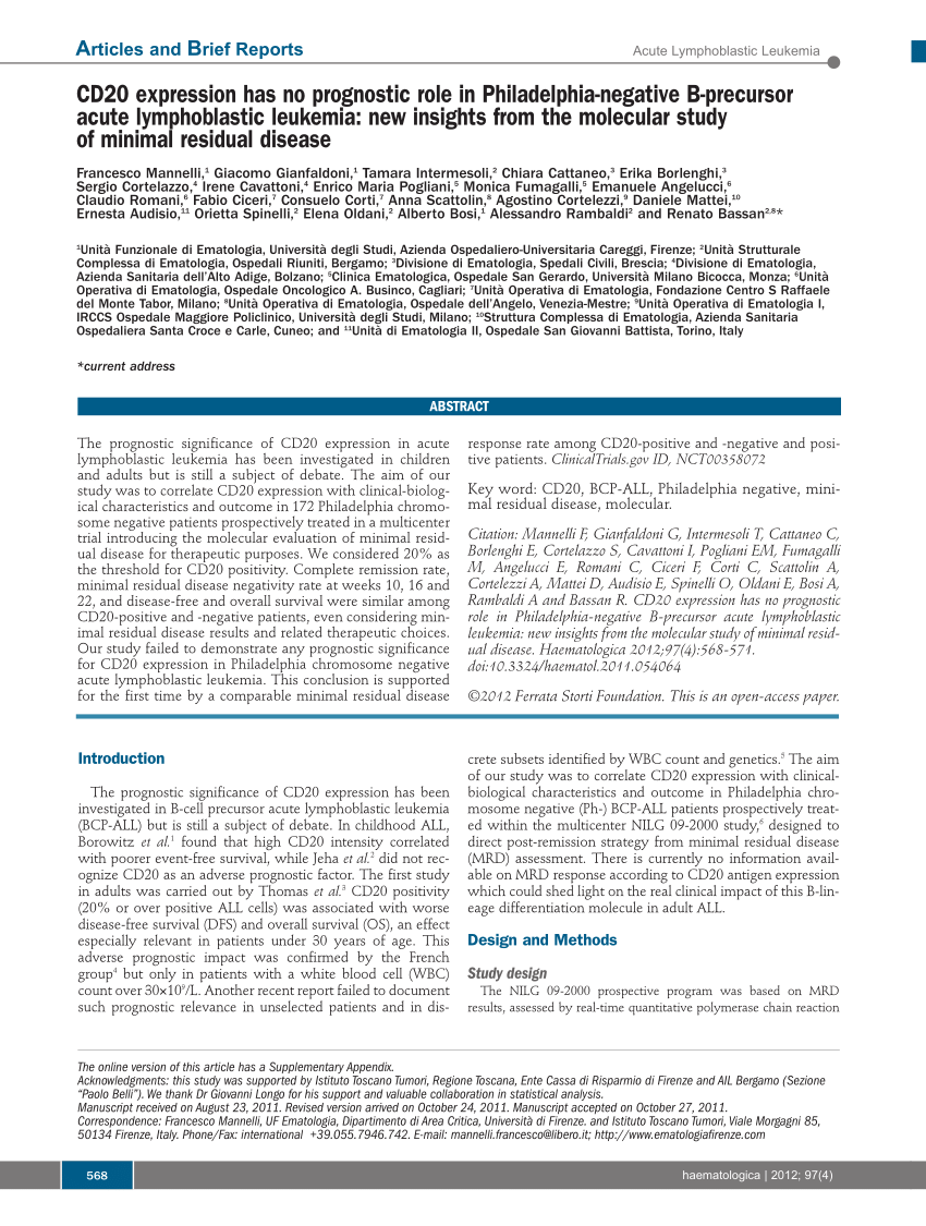 PDF) CD20 expression has no prognostic role in Philadelphia-negative B-precursor acute lymphoblastic leukemia New insights from the molecular study of minimal residual disease image