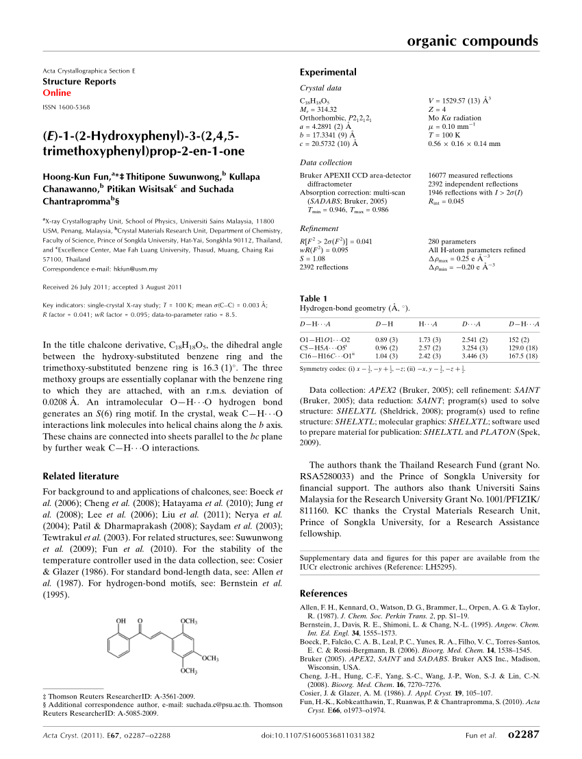 Pdf E 1 2 Hy­droxy­phen­yl 3 245 Trimeth­oxy­phen­ylprop 2 En 1 One 0886