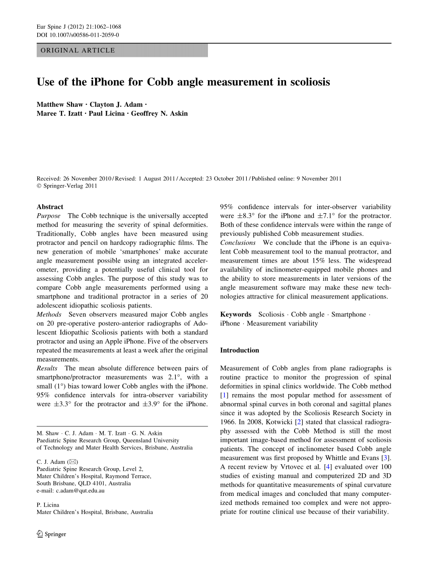 Pdf Use Of The Iphone For Cobb Angle Measurement In Scoliosis