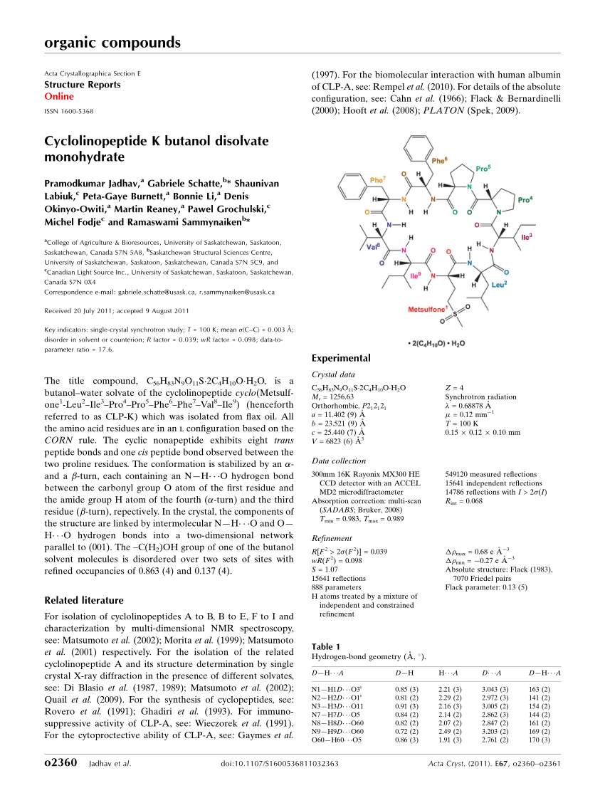 Pdf Cyclolinopeptide K Butanol Disolvate Monohydrate