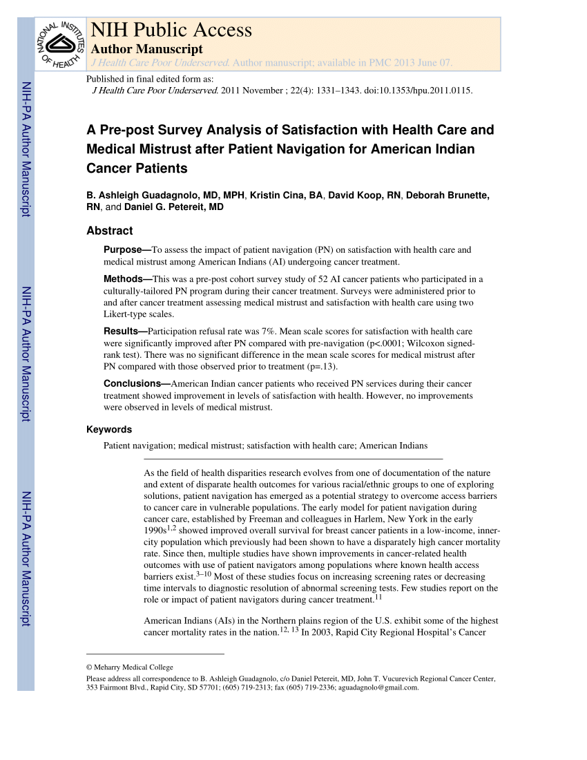 PDF A Pre post Survey Analysis of Satisfaction with Health Care  