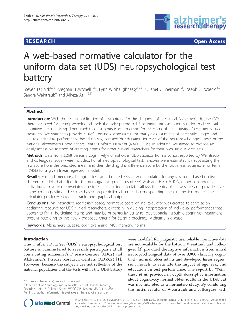 Pdf A Web Based Normative Calculator For The Uniform Data Set Uds Neuropsychological Test Battery