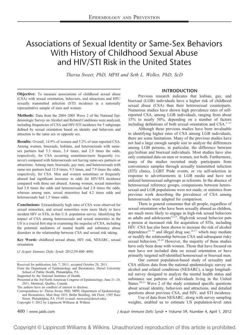 PDF) Associations of Sexual Identity or Same-Sex Behaviors With History of  Childhood Sexual Abuse and HIV/STI Risk in the United States