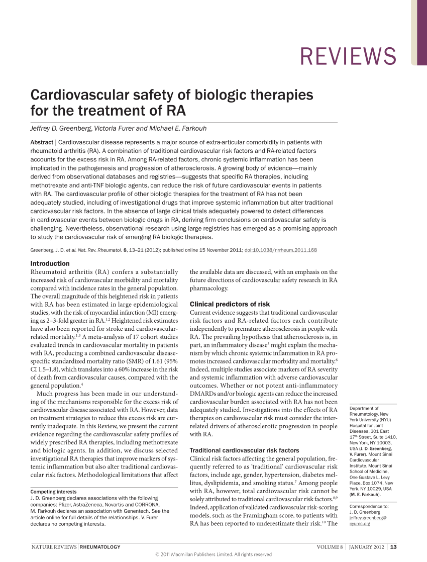 Pdf Cardiovascular Safety Of Biologic Therapies For The Treatment Of Ra