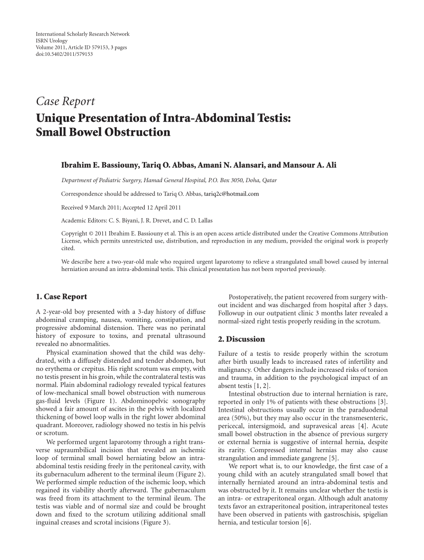 PDF) Unique Presentation of Intra-Abdominal Testis: Small Bowel Obstruction